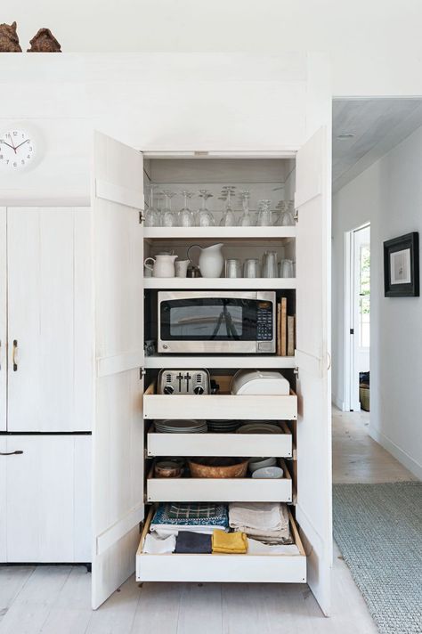 Love that organization system. Let's hide all the appliances!  - VL Storage Cabinet On Side Of Fridge, Fridge Stove Side By Side Small Kitchens, Stove Next To Pantry, Ideas For Microwave Placement, Toaster Oven Placement In Kitchen, Kitchen Ideas Microwave Placement, Small Kitchen Fridge Placement, Hidden Toaster, Microwave Placement Ideas