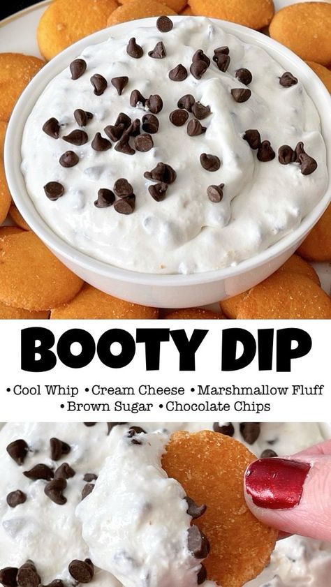 The viral TikTok Booty Dip recipe has taken social media by storm with its simplicity and deliciousness. Made with just 5 ingredients, including cream cheese, marshmallow fluff, whipped topping, brown sugar, and chocolate chips, this creamy and sweet dip is the perfect dessert or appetizer for any gathering. Snicker Dip Recipe, Dunkaroo Dip Recipe Cream Cheese, Cream Cheese And Chocolate Chip Dip, Cool Whip Snacks, Gluten Free Dessert Dip Recipes, Kid Friendly Dips Appetizers, Easy Dessert Dips For A Party, Gluten Free Dessert Dip, Crockpot Dessert Dip