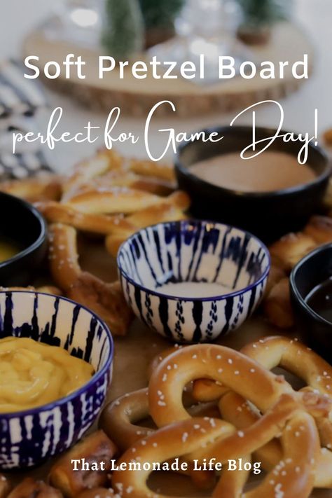 Try this easy to set up pretzel board for your next game day or gathering! Super easy to set up and customize to your taste and size you need. Pre-made pretzels warmed, and served with various dipping ideas! Hot Pretzel Charcuterie Board, Soft Pretzel Charcuterie Board Ideas, Pretzel Topping Ideas, Soft Pretzel Charcuterie Board, Soft Pretzel Board, Pretzel Board Ideas, Pretzel Charcuterie Board Ideas, Pretzel Platter, Soft Pretzel Bar