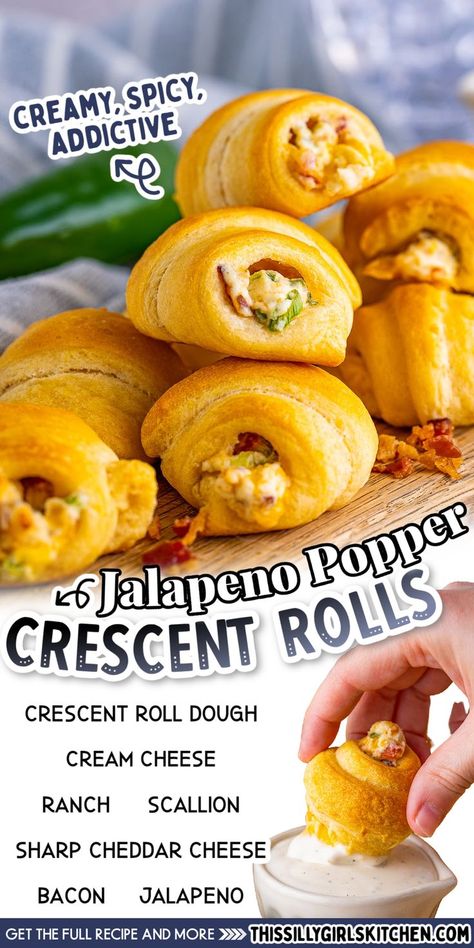 jalapeno popper crescent rolls Jalapeno Poppers Crescent Rolls, Crescent Roll Appetizers, Simple Appetizer, Stuffed Jalapenos With Bacon, Jalapeno Popper, Crescent Roll Recipes, Roll Recipes, Crescent Roll Dough, Crescent Roll