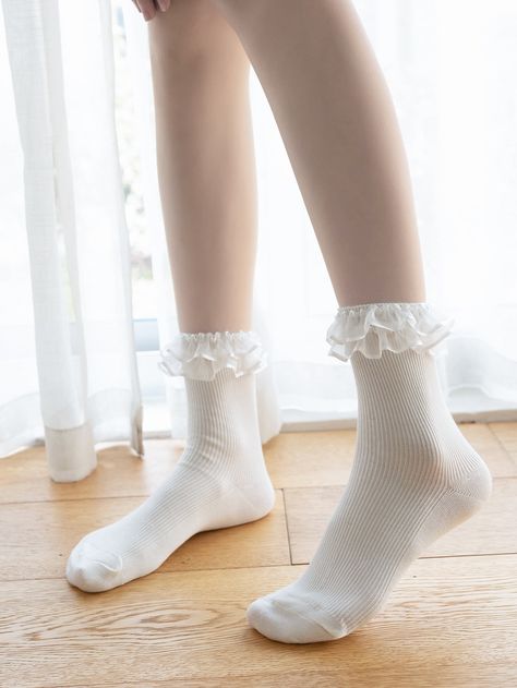 Ruffle White Socks, Socks With Lace Trim, Lace White Socks, White Frill Socks, Pretty Socks Aesthetic, Cute Lace Socks, White Cute Socks, White Socks Aesthetic, Feminine Socks