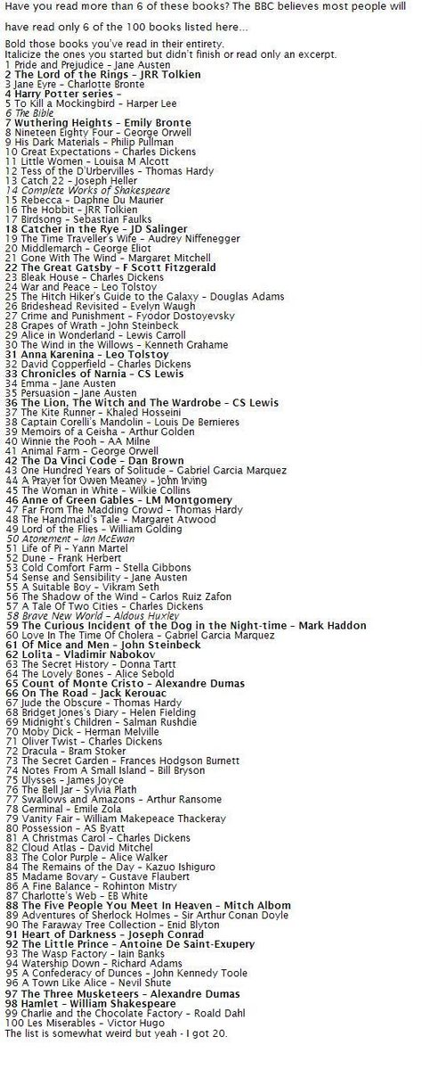 How many of these have you read? I've read 18. I've got a lot of reading to do! Books To Read At 17, Book Recs For 13-14, Read List, Book Challenge, 100 Book, Book Suggestions, Reading Challenge, Book List, Ernest Hemingway