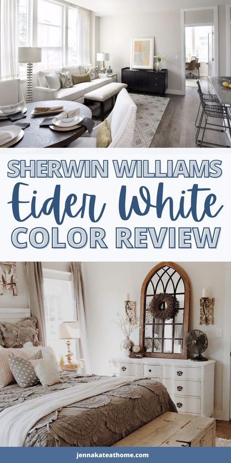 If you're looking to brighten up a dark room, Eider White by Sherwin Williams might be the perfect paint for you! It's a versatile color, so it can work great in different lighting, and might even take on a light gray shade. Eider White is definitely a color you should consider! Eider White Sherwin Williams Living Room, Light Grey Sherwin Williams Paint, Eider White Sherwin Williams Walls, Sw Eider White Walls, Sherwin Williams Light Gray, Sherwin Williams Pure White Bedroom, Sherwin Williams Eider White, Elder White Sherwin Williams, Sherwin Williams Pure White Vs Extra White