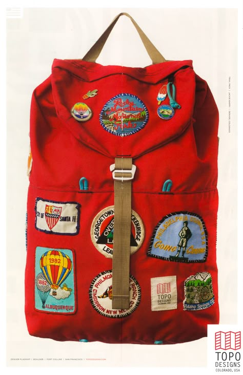 Topo Designs promotional insert - couldn't find this great red rucksack with US National Park patches anywhere else National Park Patches Ideas, Backpack With Patches And Pins, Backpacks With Patches, Topo Backpack, Patches On Backpack, Topo Designs Backpack, Backpack With Patches, Bag With Patches, Backpack With Pins