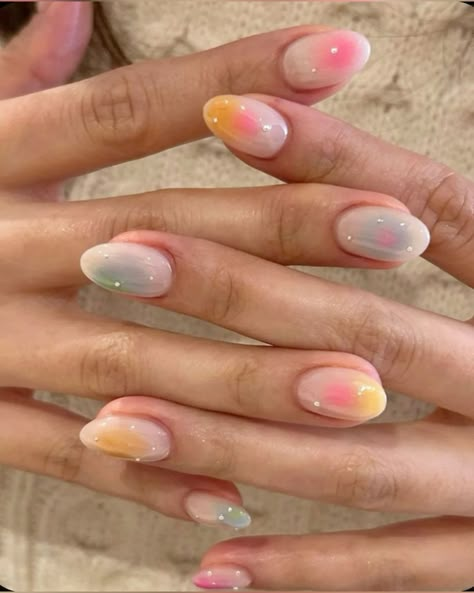 Aura Nails Spring Jelly Nails, Simple Nails With Gems, Funky Almond Nails, Nails On Natural Nails, Mismatched Nails, Teen Nails, August Nails, Summery Nails, Girly Acrylic Nails