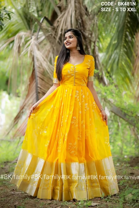 Pattu Long Gowns For Women, Organza Dress For Haldi, Long Frock Models Traditional, Saree To Gown Ideas, Pattu Frock Designs For Women, Saree Into Frock Designs, Pattu Saree Frocks Designs, Long Frocks Pattu, Pattu Saree Dress Gowns