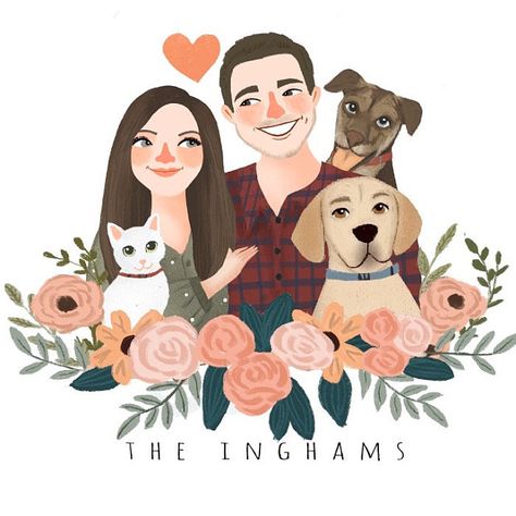 Cat Logo Design, Illustration Wedding, Drawing Cartoon Faces, Family Cartoon, Couple Illustration, Family Illustration, Illustration Wall Art, Animated Love Images, Cute Little Drawings