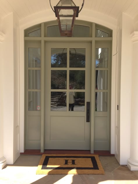 Great front door. Front Door Ideas With Glass Side Panels, Six Panel Glass Front Door, Sage Green Front Door With Side Panels, Green Front Door With Sidelights, Side Light Front Door, Front Door With Large Window, Front Door With Glass Panels Either Side, Green Front Door With Side Panels, Opaque Window Ideas