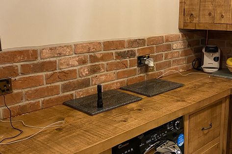 Brick Slip Kitchen Splashback, Brick Slips Kitchen Splashback, Brick Slips Kitchen, Brick Style Tiles, Red Brick Tiles, Kitchen Brick, Brick Wall Kitchen, Brick Slips, Kitchen Guide