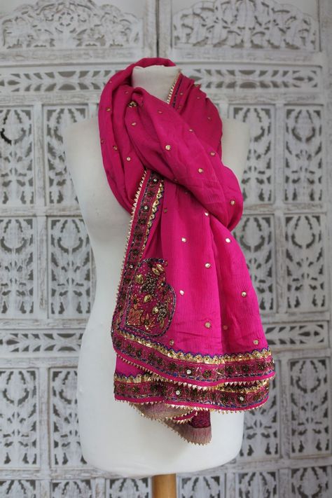 Pink Dupatta, High Neck Bodycon Dress, Stole Scarf, Silk Dupatta, Thread Work, Antique Gold, Shawl, Hot Pink, Braids