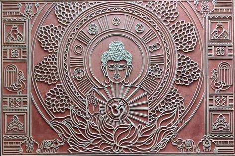 Lip Pan Art On Wall, Buddha Lipan Art, Buddha In Lippan Art, Navkar Mantra Lippan Art, Lippan Art Buddha Design, Buddha Lippan Art Mirror, Budha Lippan Art, Namokar Mantra Painting, Buddha Lippan Art