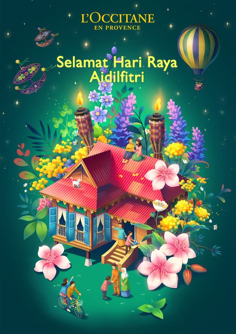 Loccitane Hari Raya illustration on Behance Poster Hari Raya Aidilfitri, Hari Raya Poster Design, Raya Posters, Hari Raya Aesthetic, Kad Raya Aidilfitri Design, Kad Hari Raya Aidilfitri, Hari Raya Wallpaper, Hari Raya Aidilfitri Design, Aidilfitri Poster