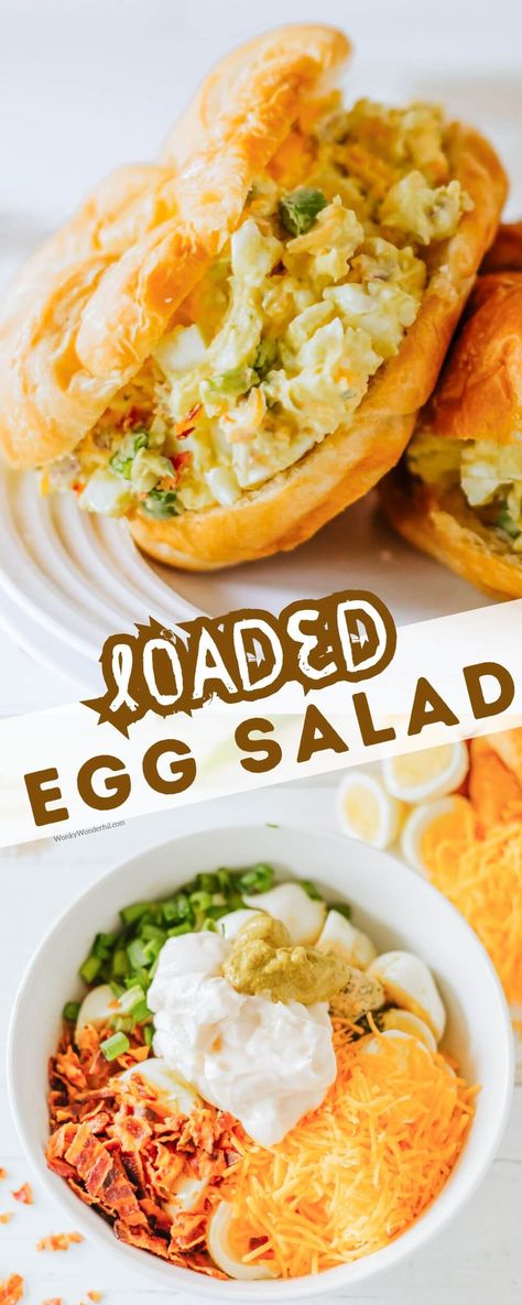 LOADED BACON AND EGG SALAD is an easy flavorful lunch or dinner. Egg salad amped up with bacon, cheddar, parsley and green onion. Loaded Egg Salad, Bacon Egg Salad Sandwich, Bacon And Egg Salad, Bacon Egg Salad, Breakfast Sides Dishes, Spicy Chicken Sandwiches, Quick Lunch Recipes, Turkey Salad, Salad Rolls