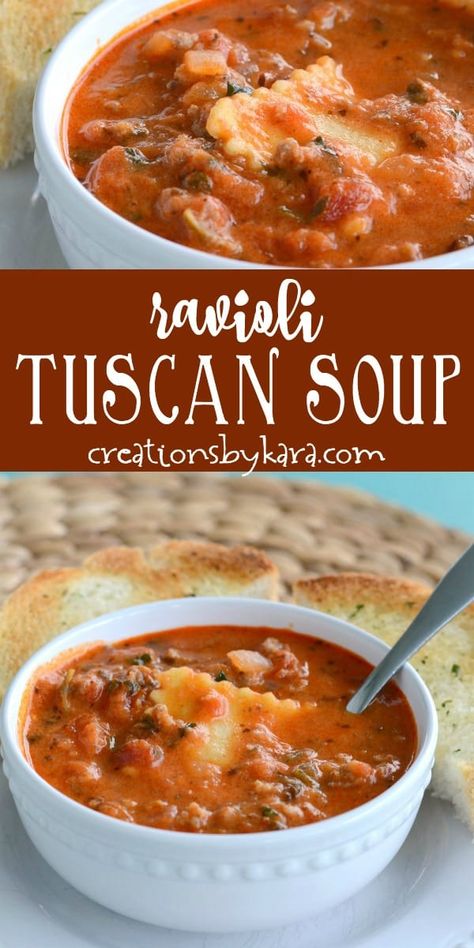 Italian Sausage Ravioli Soup, October Dinners, Soup Tuscan, Italian Soups, Soup With Cheese, Ravioli Soup, Mediterranean Cookbook, Hearty Soup Recipes, Tuscan Soup