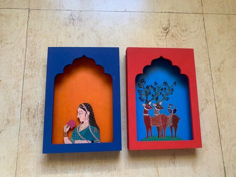 Traditional Indian Arts And Crafts, Jharoka Painting, Jharoka Wall Decor, Jharokha Decor Diy, Jharokha Painting, Jharokha Art, Chaturthi Decoration, Mdf Art, Applique Wall Hanging