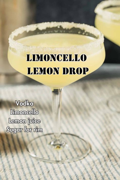 A zesty Limoncello Lemon Drop served in a sugar-rimmed glass, garnished with a lemon slice for a refreshing finish. Vodka Limoncello Cocktail, How To Make A Lemon Twist Garnish, Lemon Cheesecake Cocktail, Lemon Alcholic Drink, Limoncello Lemon Drop, Lemoncello Martini Recipes, Recipes With Limoncello, Lemon Chello Sprits, How To Make Limoncello