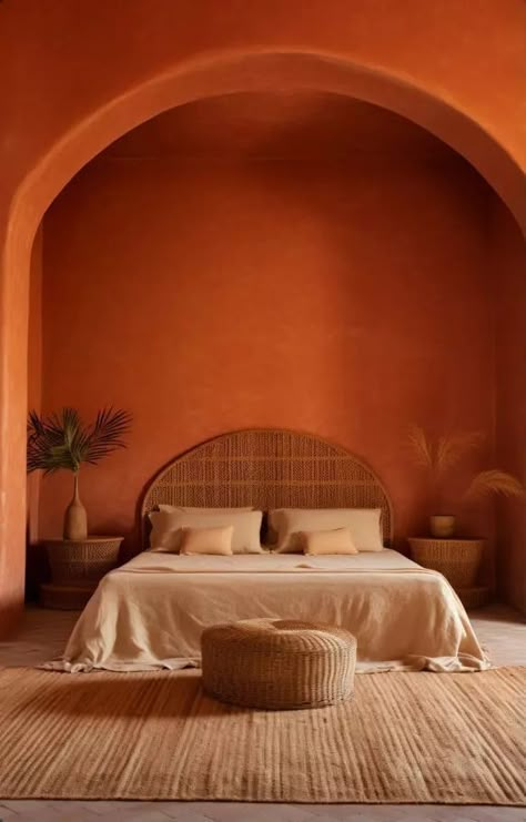 Bedroom With No Windows Ideas, Morrocon Interiors, Terra Cotta Bedroom, Bedroom Terracotta, Terracotta Interior, Bedroom Boho Decor, Colorful Boho Decor, Christmas Decor Boho, Terracotta House