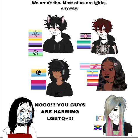 A girl with black hair, spiked collar, and red tank top cries violently. She states, “NOO!!! YOU GUYS ARE HARMING LGBTQ+” 5 people of various appearances, genders,  and sexualities respond with, “We aren’t tho. Most of us are LGBTQ+ anyway. Unknown Lgbtq Flags, Sexuality Flags Meanings, Blitzen X Hearthstone, Gender Identity Crisis, Are You Still Alive, Anti Lgbt, Queer Pride Flag, Asexual Aromantic, Anti Flag