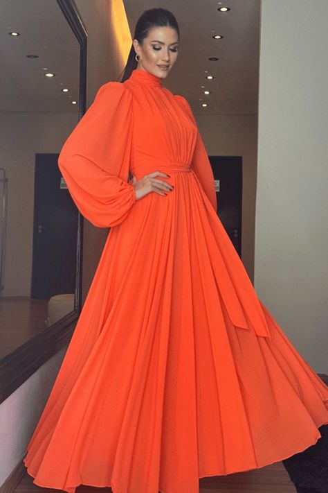 Orange Long Dresses, Long Dress, High Neck Dress, Party Dress, Coral, Orange, Dresses, How To Wear