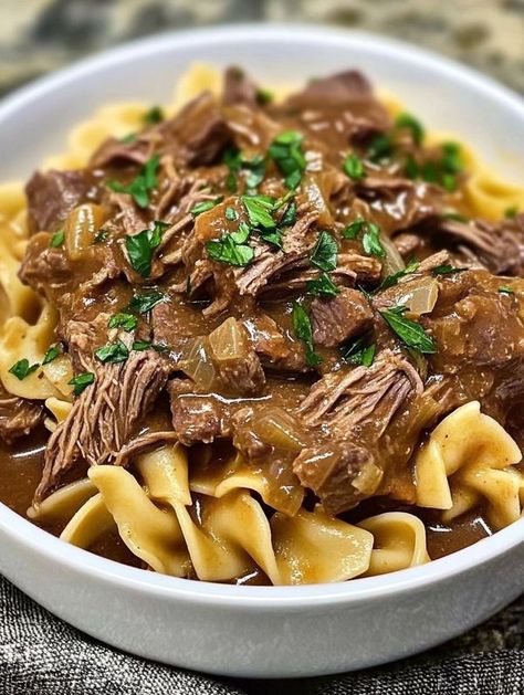 Mississippi Beef And Noodles, Mississippi Beef, Beef And Noodles Recipe, Crock Pot Sweet Potatoes, Italian Seasoning Recipe, Homemade Egg Noodles, Au Jus Gravy, Chicken Spaghetti Recipes, Homemade Dinner Rolls