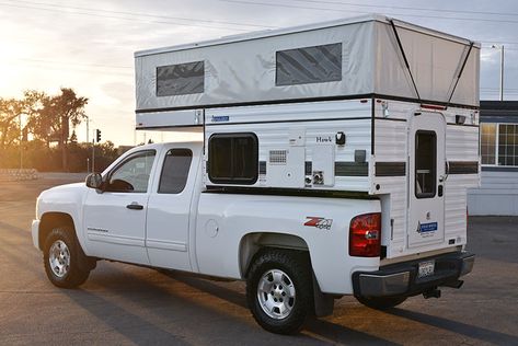 Half Ton Truck Camper, Four Wheel Hawk Pop-Up, https://www.truckcampermagazine.com/camper-reviews/2018-four-wheel-camper-hawk-review/ Short Bed Truck Camper, Small Truck Camper, Slide In Truck Campers, Pop Up Truck Campers, Pickup Camper, Slide In Camper, Truck Bed Camper, Camper Shells, Camping Caravan