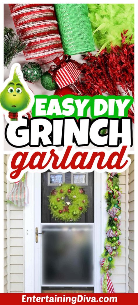 DIY Grinch Garland - A Step-By-Step Tutorial Grinch Mantle Decor Diy, Christmas Theme Wreaths, Diy Grinch Porch Decorations, Grinch Christmas Garland Diy, Simple Garland Christmas, Whoville Garland, Grinch Garland Ideas, Diy Grinch Christmas Decorations Dollar Tree, Diy Christmas Door Garland