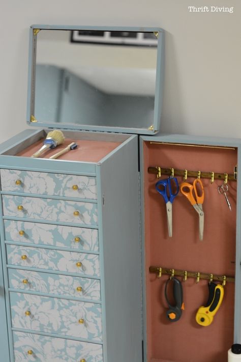 Thrift Diving: Make a DIY Tool/Craft Supply Chest From an Old Jewelry Box Jewelry Armoire Diy, Jewelry Armoire Makeover, Jewerly Box Diy, Old Jewelry Box, Craft Organization Diy, Armoire Makeover, Box Makeover, Jewerly Organizer, Jewelry Box Makeover