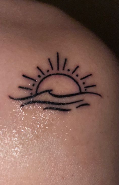 Sunset And Waves Tattoo, Sun Waves Tattoo, Cruise Tattoo Ideas, Sunset Tattoos For Women, Sunrise Tattoos, Vacation Tattoos, Sand Dollar Tattoo, Rising Sun Tattoos, Small Beach Tattoos