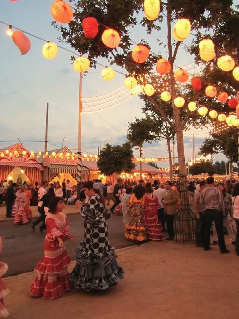 The fairgrounds in Sevilla, Spain during Feria are filled with women in flamenco dresses Spanish Flamenco Aesthetic, Spain Festival Aesthetic, Spain Traditions, Spain Festival, Spanish Heritage Month, Flamenco Spain, Spain Party, Spain Flamenco, Flamenco Party