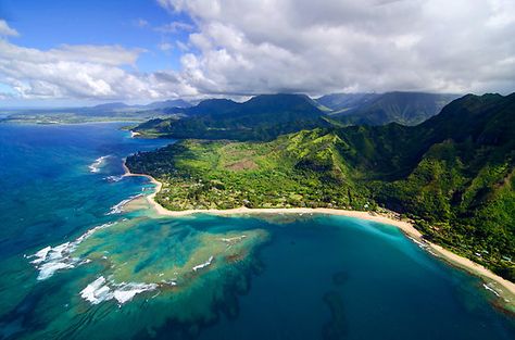 An aerial view of the north shore of Kauai from a helicopter. The coral reef at the bottom left of the image represents a popular diving location at Tunnels Beach. #tunnelsBeach #Kauai #Hawaii #helicopter #ocean #coralReef Hawaii Helicopter, Tunnels Beach, Kauai Hotels, Raw Image, Cruise Terminal, World Cruise, Nikon D5100, Jpeg Images, Kauai Hawaii