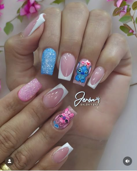 I am a self-taught nail artist from Bulgaria, who loves unusual nail designs. All of the designs are done by me on my own nails. Each of them took me at least 2 hours to finish. I paint well-known characters from the cartoons of your childhood, logos of different brands, parts of TV series and games on my nails. Stitch Valentines Nails, Manicure Stitch, Stitch And Angel Nails, Cartoon Nail Designs, Disney Acrylic Nails, Pastel Nail Art, Kids Nail Designs, Velvet Nails, Halloween Acrylic Nails