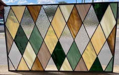 Stained Glass Window - W-443 Tudor Style Diamonds in Neutral Earth Tones Spanish Modern Bathroom, Art Deco Ideas, Neutral Earth Tones, Spanish Modern, Central City, Stained Glass Panel, Tudor Style, Simplistic Design, Wooden Crates