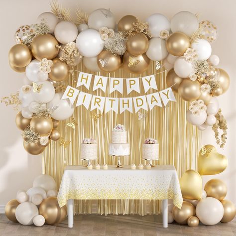 PRICES MAY VARY. What You Receive:Our white and gold birthday decorations includes 15pcs white balloons(10inchx10, 5inchx5), 20pcs sand white balloons(10inchx10,5inchx10), 20pcs metallic gold balloons(10inchx10, 5inchx10), 12inch gold confetti balloonsx5, gold fringe curtainx2, gold and white happy birthday bannerx1, butterfly party decorationsx12(goldx6, silverx6), gold foil balloonsx2, white and gold tableclothx1, glue dotsx100, ribbonx1,decorative stripx1 All Inclusive Birthday Decorations:Th Pink White And Gold Themed Party, 50th Birthday Ideas For Women Gold And White, Gold White Party Decoration, Gold Party Ideas Golden Birthday, Birthday Ideas White And Gold, White And Golden Birthday Decoration, Champagne Birthday Decorations, Small Birthday Setup, Cream And Gold Birthday Decorations