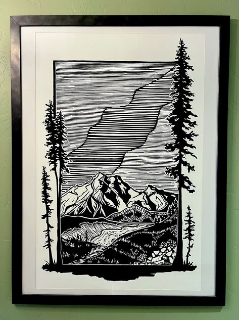 Camping Linocut, Linocut Graphic Design, Lino Mountain, Linocut Mountains, Mountain Linocut, Linocut Landscape, Lino Christmas, Rubber Stamp Ideas, Linoleum Printmaking