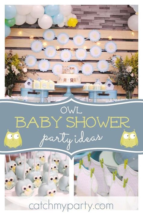 Take a look at this adorable owl themed baby shower! The cake pops are so cute!! See more party ideas and share yours at CatchMyparty.com  #catchmyparty #partyideas #owl #babyshower Owl Party Ideas, Owl Baby Shower Theme, Trendy Baby Shower Themes, Baby Shower Themes For Boys, Baby Boy Shower Party, Baby Shower Cake Pops, Rustic Party, Trendy Baby Shower Ideas, Baby Shower Woodland Theme