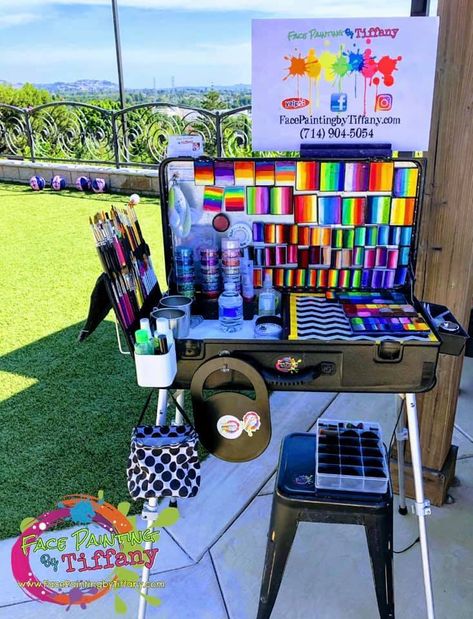 Face Painting Essentials, Paint Craft Ideas For Adults, Face Painting Party Station, Face Painting Table Set Up, Face Painting Kits Professional, Face Painting Setup, Face Painter Set Up, Face Painting Set Up Ideas, Face Paint Set Up