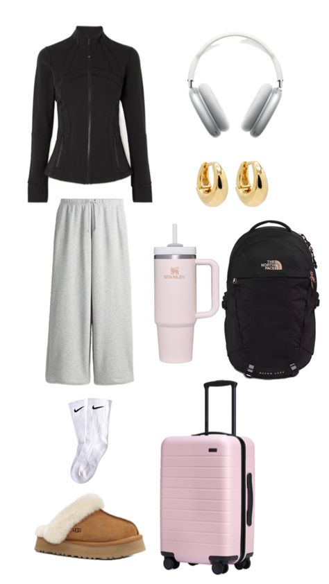 Lululemon Scuba Jacket, AirPod Pro Max, UGG Disquette slippers, grey sweatpants, Stanley Tumbler, gold hoop earrings, Northface Recon Luxe Backpack, Nike socks, pink luggage Nike Pro Sweatpants, Nike Sweatpants Outfit, Nike Pro Outfit, Backpack Nike, Sweatpants Nike, Pink Luggage, Scuba Jacket, Nike Backpack, Sweatpants Outfit