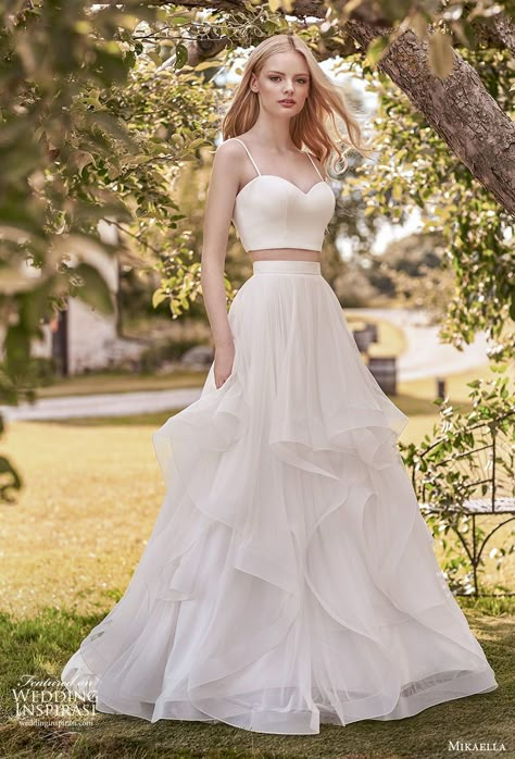 Modern Wedding Dresses Minimalist, Minimalist Crop Top, Wedding Dress Two Piece, 2 Piece Wedding Dress, Crop Top Wedding Dress, Mikaella Bridal, Two Piece Gown, Two Piece Wedding Dress, Spring Wedding Dress