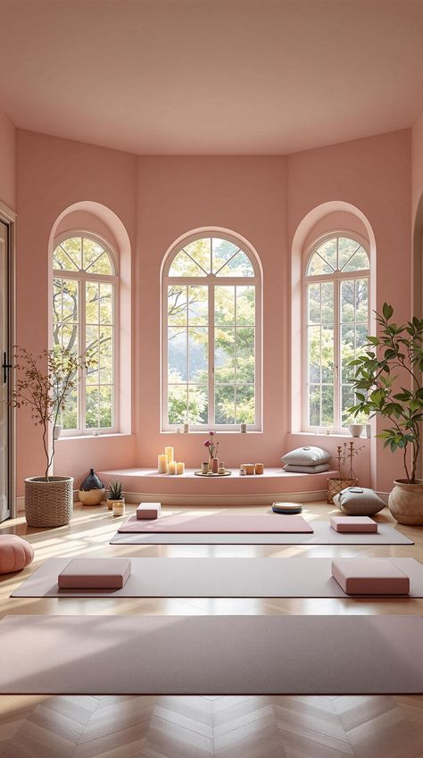 Pink Room Decor Pink Yoga Room, Colorful Yoga Studio, Pink Yoga Studio, Serenity Room Ideas, Small Yoga Studio Design, Pink Room Decor Ideas, Yoga Studio Design Ideas, Serenity Room, Pink Hallway