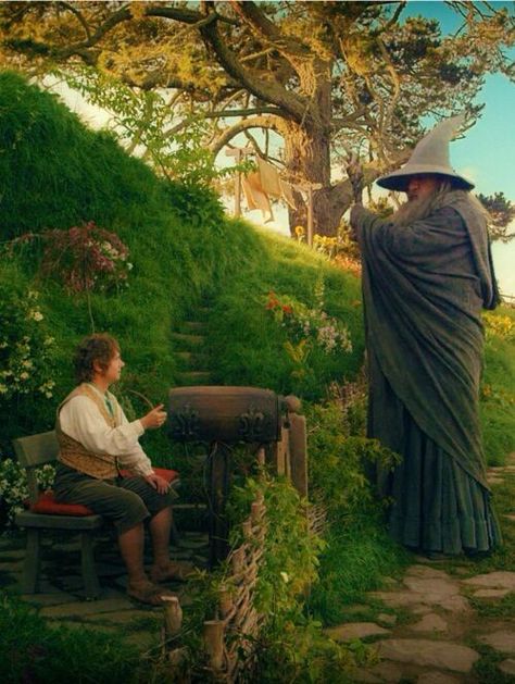 BILBO AND GANDALF IN THE SHIRE Casa Do Hobbit, Hobbit An Unexpected Journey, Hobbit Art, Gandalf The Grey, Middle Earth Art, Into The West, Lotr Art, Bilbo Baggins, An Unexpected Journey