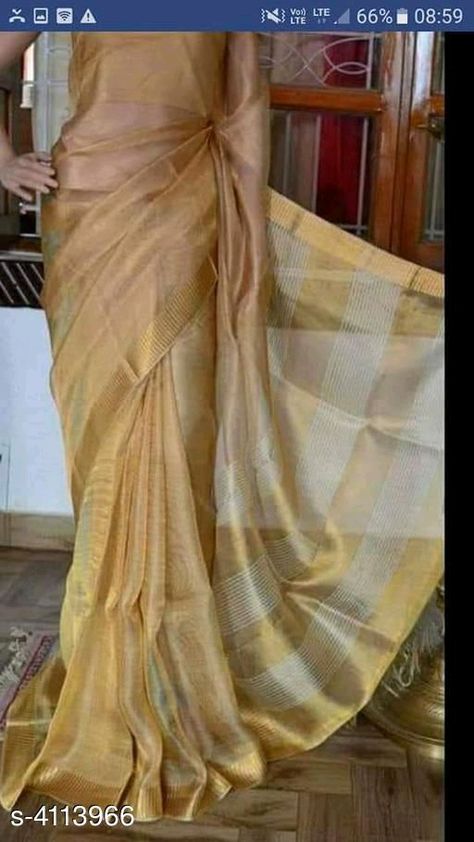 Golden Tissue Saree, Gold Ideas, Golden Saree, Jacquard Saree, Khadi Saree, Elegant Fashion Wear, Tissue Saree, Linen Saree, Elegant Saree