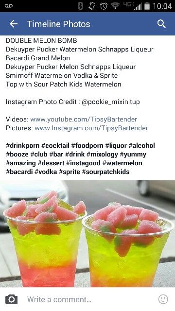 Double melon bomb Watermelon Alcohol, Watermelon Alcoholic Drinks, Smirnoff Watermelon, Vodka Sprite, Sour Patch Watermelon, Sour Skittles, Watermelon Cocktail, Watermelon Drink, Alcholic Drinks