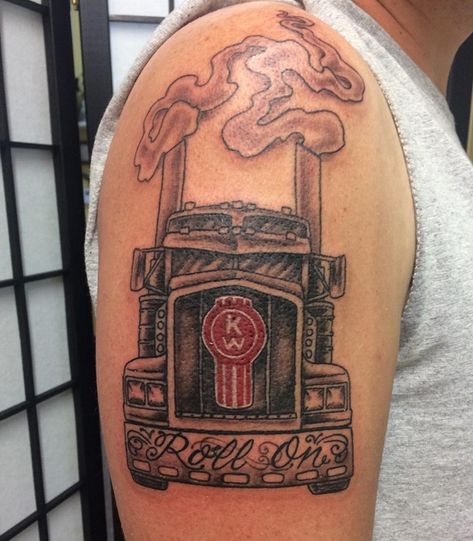 Semi truck memorial bicep piece by Carrie!  #920tattoocompany #920tattooco #920tattoo #920 #oshkosh #oshkoshwi #wi #wisconsin #wisconsintruckers #semi #semitruck #semitattoo #semitrucktattoos #rollon #memorialtattoo #dumptrucksinth920 #tattoo #tattoos Transport Truck Tattoo, Kenworth Tattoo Ideas, Semi Truck Tattoo Ideas, Kenworth Tattoo, Peterbilt Tattoo, Semi Truck Tattoo, Trailer Tattoo, Amy Tattoo, Trucker Tattoo