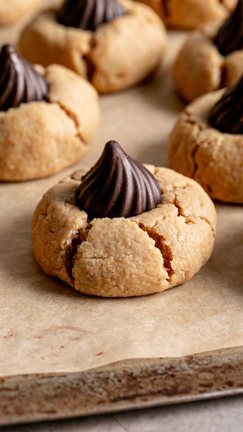 ✨ NEW! Almond Flour Peanut Butter Blossom Cookies! 🥜🍫 These Almond Flour Peanut Butter Blossom Cookies are a simple gluten-free, vegan version of the popular peanut butter blossoms we all love so much! The almond flour peanut butter cookies are made with only 6 ingredients and then garnished with a dairy-free homemade chocolate candy kiss. Head to my blog for my recommended candy kiss mold, my tips for how to keep the chocolate stuck in the cookie but not melting, and of course grab the reci Almond Flour Peanut Butter Blossoms, Almond Butter Blossom Cookies, Almond Flour Thumbprint Cookies, Bird Nest Cookies, Cacao Cookies, Almond Flour Peanut Butter Cookies, Almond Flour Desserts, Chocolate Sunflower, Homemade Chocolate Candy