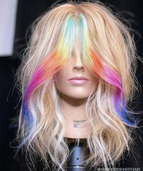 Now Trending: The Bold Money Piece - Bangstyle - House of Hair Inspiration Purple Hair Money Piece, Rainbow Money Piece, Color Money Piece, Hair Money Piece, Bold Money Piece, Money Piece Hair, Yellow Hair Color, Pink Blonde Hair, Rave Hair