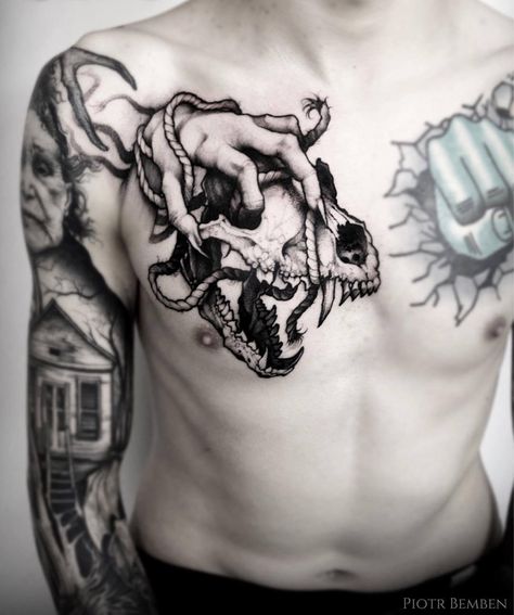 Destruction Tattoo, Full Chest Tattoos, Tattoo Dark, Neo Tattoo, Skull Hand Tattoo, Dark Mysterious, Blackwork Tattoos, Muster Tattoos, Fire Tattoo