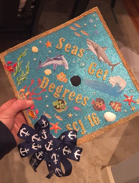 C's get degrees #graduation #cap #2016 #diy #nautical #sea #cute #bow Fishing Graduation Cap Ideas, Shark Graduation Cap, Beach Graduation Cap, Marine Science Graduation Cap, Grad Cap Ideas Biology, Marine Biology Cap Decoration, Mama Mia Graduation Cap, Marine Biologist Graduation Cap, Graduation Cap Designs College Biology