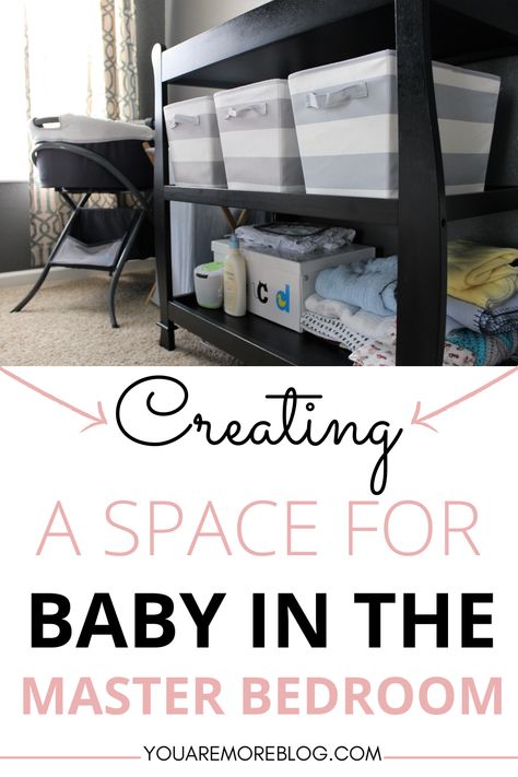 Creating a space for baby in the master bedroom. Small nursery spaces in the master bedroom are perfect for newborns. Nursery In Parents Bedroom, Nursery In Main Bedroom Master Suite, Nursery In Primary Bedroom, Main Bedroom Shared Nursery, Limited Space Nursery Ideas, Small Bedroom With Nursery Shared Master, Small Corner Nursery Master Bedrooms, In Bedroom Nursery, Baby Nook In Parents Room