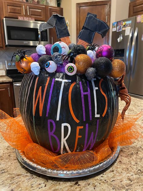 Witch Cauldron Pumpkin Decorating, Witches Brew Pumpkin Decorating, Cauldron Pumpkin Decorating, Bejeweled Pumpkins, Witch Painted Pumpkin, Pumpkin Competition Ideas, Witch Pumpkin Painting, Witches Brew Pumpkin, Cool Pumpkin Designs