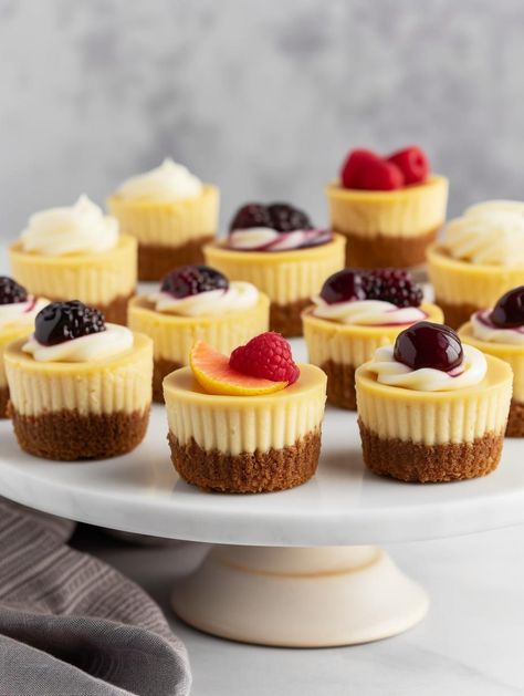 Indulge in the scrumptious taste of homemade Delightful Mini Cheesecakes with a graham cracker crust, velvety cheesecake filling, and various topping options. This simple recipe is perfect for any occasion and sure to impress your guests! Mini Cheese Cakes Muffin Tins, Cheesecake In Cupcake Liners, Dessert Tarts Mini, Mini Tart Recipes, Cheese Cupcake, Mini Cheesecake Recipes, Tart Dessert, Baked Cheesecake Recipe, Pies Maker